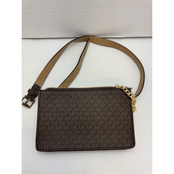Michael Kors Brown MK Signature Fanny Pack Belt Bag Medium with gold chain Small - Picture 2 of 10